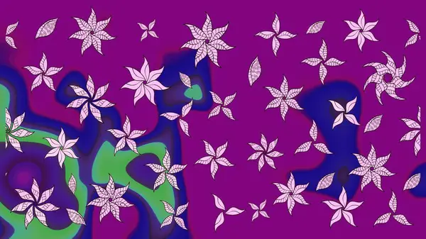 Raster illüstrasyonu. Şirin çiçekli eskiz deseni ve mor renkli yapraklar, suluboya çiçek deseni, duvar kağıdı, kart veya kumaş için fayanslı.