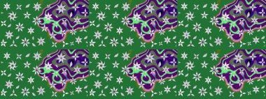 Bir sürü yeşil ve soyut çiçekli tropik eskiz deseni. Küçük çiçekteki sevimli çiçek deseni. Varicologreen Raster çizimi.