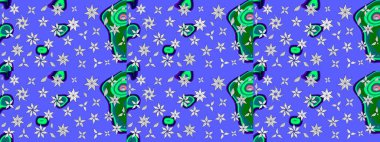 Mavi renklere karalamalar çizilmiş çiçek deseni. Raster illüstrasyonu.