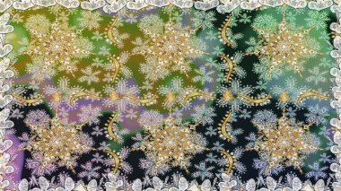 Altın antika ortaçağ dekoratifi, yapraklar ve gri renkli altın desenli süslemeleri olan pürüzsüz bir şablon. Kusursuz kraliyet lüksü, altın barok kumaş rengi..