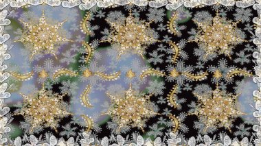 Raster illüstrasyonu. Altın şablon. Kart, duvar kağıdı, ambalaj ve tekstil için klasik tasarım. Gri renkli Royal retro. Klasik çiçek dokusu. Kusursuz desenli altın elementler.