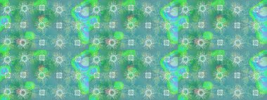 Kar tanelerinin soyut arkaplanlı Noel şablonu. Mavi, yeşil ve nötr kar taneleri. Raster illüstrasyonu. Renkler. Noel ve Yeni Yıl moda baskıları için tatil tasarımı.