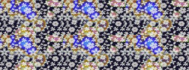 Renkli Bahar Temalı Kusursuz Arkaplan. Raster illüstrasyonu. Düz Çiçek Elementleri Tasarımı. Zarif çiçekler, gri renkte suluboya..