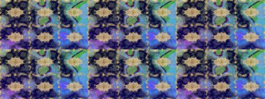 Altın karalama fantezi yapraklarından ve mavi renkli çiçeklerden Raster soyut çiçek çelengi. El yapımı dekoratif çerçeve, albüm kapağı, tebrik kartı, klasik Art deco tarzı.