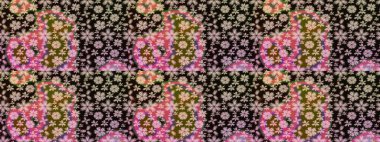 El çizimi. Güzel kumaş deseni. Çiçekler, dallar, bitkiler ve çiçekler. Raster illüstrasyonu.