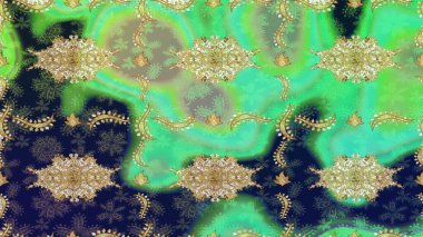 Çiçek süsü kumaş deseni, cam, çiçek desenli metal altın elementli yeşil renkler. Klasik Raster altın eskiz modeli..