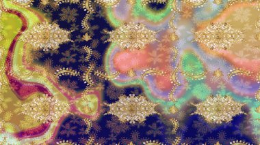 Süslü dekorasyon. Lüks, kraliyet ve Viktorya dönemi konsepti. Raster klasik barok çiçek deseni altın rengi. Altın elementlerle bej renklerde altın desen.