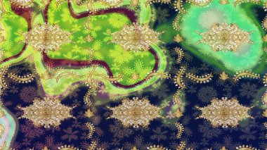 Klasik klasik klasik arka plan. Geleneksel oryantasyon süsü. Klasik Raster altın desenini çiz. Yeşil renkler ve altın elementler üzerine çizim deseni.