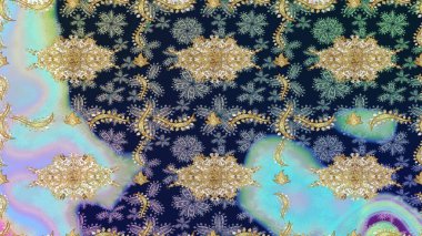 Klasik Raster altın desenini çiz. Klasik klasik klasik arka plan. Geleneksel oryantasyon süsü. Altın elementlerle mavi renklerde altın desen.