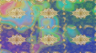 Altın elementlerle mavi renklerde altın desen. Süslü raster dekorasyonu. Barok biçiminde duvar kağıdı tasarımı için şablon çizimi arkaplanı.