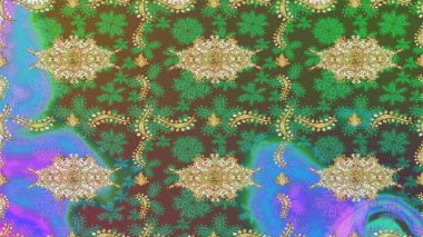 Barok tarzında eskiz oryantal süsü. Raster geleneksel altın çizim deseni yeşil renkler üzerine.