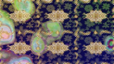 Doku arka planında altın duvar kâğıdı. Barok tarzında altın çiçekli süs. Gri renklerdeki altın element. Damask çizimi yinelenen arkaplan.