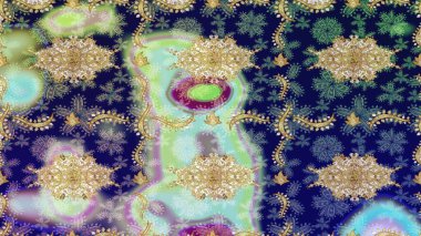 Altın elementli mavi renkler. Çizim altın desenli bukleler. Raster altın desen. Raster illüstrasyonu. Doğu tarzı arabesk.