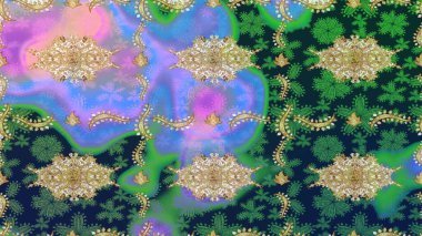 Soyut duvar kâğıdı, ambalaj dekorasyonu. Altın kar tanesi basit bir çizim kalıbı. Mavi renkli Raster altın deseni. Kışın sembolü, Mutlu Noel tatili, Mutlu yıllar 2019.