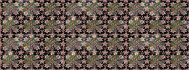 Raster illüstrasyonunda kusursuz çiçek deseni. Renkli Bahar Temalı Kusursuz Arkaplan. Düz Çiçek Elementleri Tasarımı. Siyah renkte çiçekler.