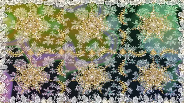 Altın antika ortaçağ dekoratifi, yapraklar ve gri renkli altın desenli süslemeleri olan pürüzsüz bir şablon. Kusursuz kraliyet lüksü, altın barok kumaş rengi..