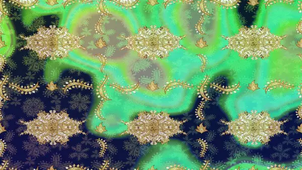 Çiçek süsü kumaş deseni, cam, çiçek desenli metal altın elementli yeşil renkler. Klasik Raster altın eskiz modeli..
