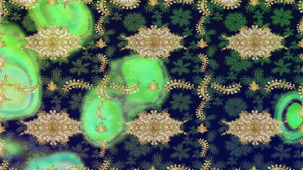 Yeşil renklerdeki altın element. Barok tarzında altın çiçek süsü. Damask çizim kalıbı arka planı tekrarlıyor. Antika altın tekrarlanabilir duvar kağıdı.