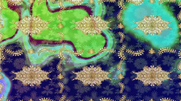 Damask arkaplanı. Mavi renkte altın bir element. Altın çiçekli eskiz deseni. Barok tarzında altın çiçekli süs..