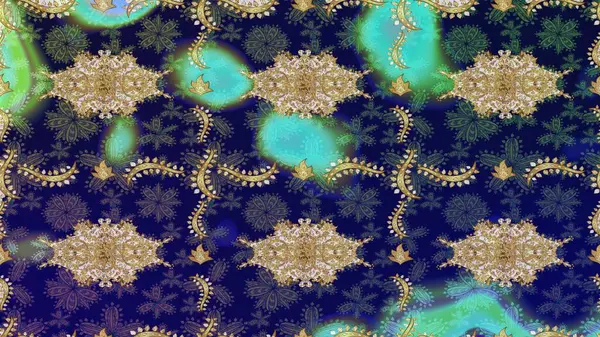 Raster altın çiçek süsü brokar kumaş ve cam desenli. Çiçek desenli altın metal. Altın şablonu çiz. Altın elementli mavi renkler.