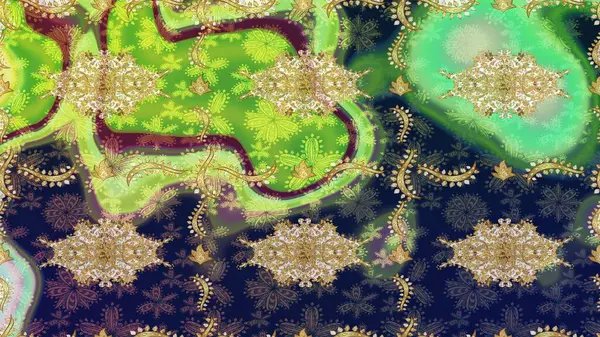 Klasik klasik klasik arka plan. Geleneksel oryantasyon süsü. Klasik Raster altın desenini çiz. Yeşil renkler ve altın elementler üzerine çizim deseni.