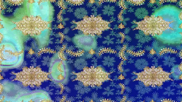 Eskiz oryantal klasik altın desen. Mavi renklerde altın tekrarlayan elementler içeren soyut Raster arkaplanı.