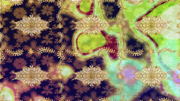 Damask arkaplanı. Barok tarzında altın çiçekli süs. Tarafsız renklerde altın element. Altın çiçekli çizim şekli.