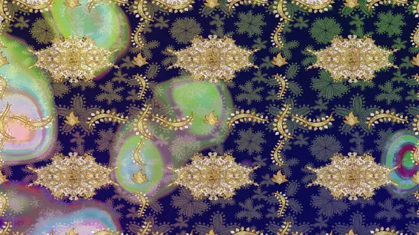 Doku arka planında altın duvar kâğıdı. Barok tarzında altın çiçekli süs. Gri renklerdeki altın element. Damask çizimi yinelenen arkaplan.