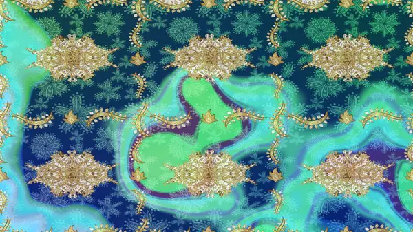 Raster illüstrasyonu. Altın elementli mavi renkte klasik eskiz deseni.