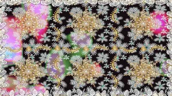 Doğu tarzı arabesk. Parlak dantel, stilize çiçekler, şal desenli. Gri renklerde, altın elementlerle kusursuz desen. Raster. Kusursuz altın desenli bukleler. Zarif altın deseni aç.