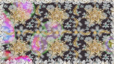 Davetiyeler, kartlar, web sayfası için Raster illüstrasyon. Çizgi sanatı tasarım şablonu için kusursuz sınır. Doğu tarzı element. Altın desenli çiçek dekoru. Gri renklerdeki altın element.