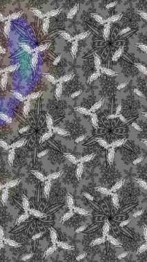 Raster Çiçek İllüstrasyonu 'nun şirin tekstili. Gri renkli etnik çiçeklerle zarif eskiz deseni.