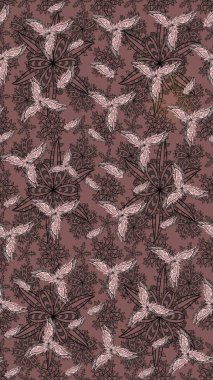 Şirin çiçekli eskiz deseni ve kahverengi renkli yapraklar, suluboya çiçek deseni, duvar kağıdı, kart veya kumaş için fayanslı. Raster illüstrasyonu.