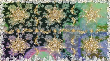 Dekoratif simetri arabesk. Kusursuz ortaçağ çiçek deseni. Raster illüstrasyonu. Doğum günü kartı, davetiye ya da afiş için iyidir. Gri renklerde altın.