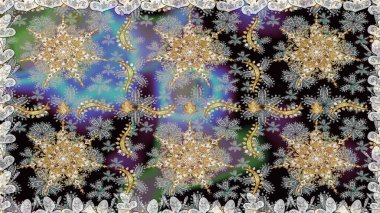 Gri renkli ve altın elementli altın desenli. Raster altın tekstil baskısı. Kusursuz desenli oryantal süs. Çiçek kiremitleri. İslam tasarımı.