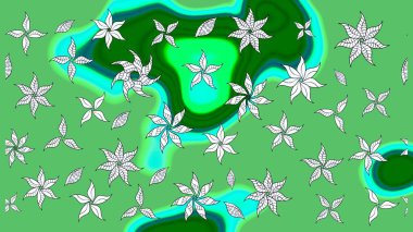 Üst manzara, yumuşak stil. Yeşil renkte manzaralı çiçek deseni. Sevgililer günü ve tebrik kartı konsepti için şık bir davetiye. Çiçek kompozisyonu, el boyası, hassas şablon..