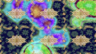 Altın şablonu çiz. Çiçek desenli altın metal. Raster altın çiçek süsü brokar kumaş ve cam desenli. Altın elementli mavi renkler.