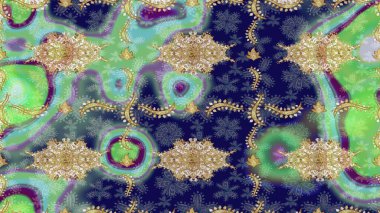 Klasik Raster altın desenini çiz. Altın elementlerle mavi renklerde altın desen. Klasik klasik klasik arka plan. Geleneksel oryantasyon süsü.