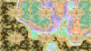 Tarafsız renklerde altın tekrarlayan elementlerle soyut arkaplan. Eskiz oryantal klasik altın desen.