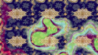 Altın elementlerle mavi renklerde altın desen. Klasik altın desenli çizim. Raster geleneksel oryantasyon süsü.