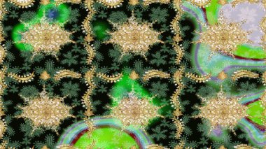 Klasik altın desenli eskiz. Altın elementli yeşil renklerde altın eskiz deseni. Raster illüstrasyonu. Tekrarlayan ögelerle soyut arkaplan Raster.