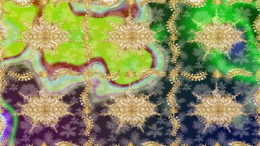 Raster altın desen. Doğulu stil, altın elementli yeşil renkli altın desenli arabesk yapar. Kıvrımlı çizimler.