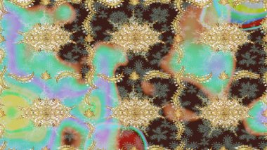 Raster. Tarafsız renklerde altın elementlerle çizim. Doğu tarzı arabesk. Hassas altın deseni açın. Parlak dantel, stilize çiçekler, şal desenli. Altın desenli bukleler çiz.