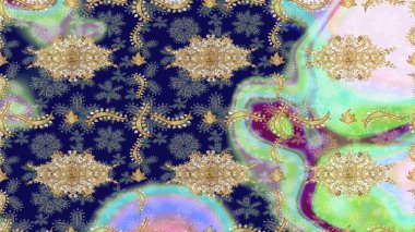 Barok tarzında altın çiçekli süs. Mavi renklerdeki altın element. Doku arka planında altın duvar kâğıdı. Damask çizimi yinelenen arkaplan.