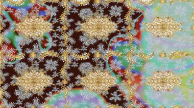 Raster eskiz deseni, altın antika ortaçağ dekoratifi, yapraklar ve kahverengi renkli altın desenli süslemeler. Kraliyet lüksü, altın barok kumaş rengi..