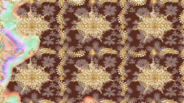 Lüks, kraliyet ve Viktorya dönemi konsepti. Raster klasik barok çiçek deseni altın rengi. Kahverengi renklerdeki altın desenli altın elementler. Süsleme.