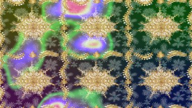 Altın çiçekli yeşil renklerde altın eskiz deseni. Altın renkli çizim çizimi. Raster geometrik arka plan. Senin tasarımın için, duvar kağıdı..