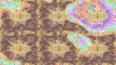 Raster sanatı. Altın desenli bukleler çiz. Bej renkli ve altın elementli çizim deseni. Doğu tarzı arabesk. Hassas altın deseni açın. Parlak dantel, stilize çiçekler, şal desenli.