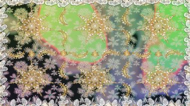 Raster soyut çiçek çelengi altın karalama fantezi yaprakları ve tarafsız renklerde çiçek. El yapımı dekoratif çerçeve, albüm kapağı, tebrik kartı, klasik Art deco tarzı.