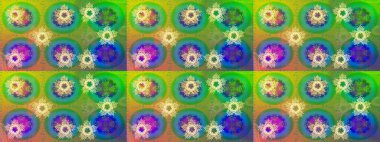 Kar tanesi süsü Raster illüstrasyonu. Güzel süs eşyası. Kar taneleri izole edildi. Yeşil, mavi ve sarı renkte kar tanesi süsü.